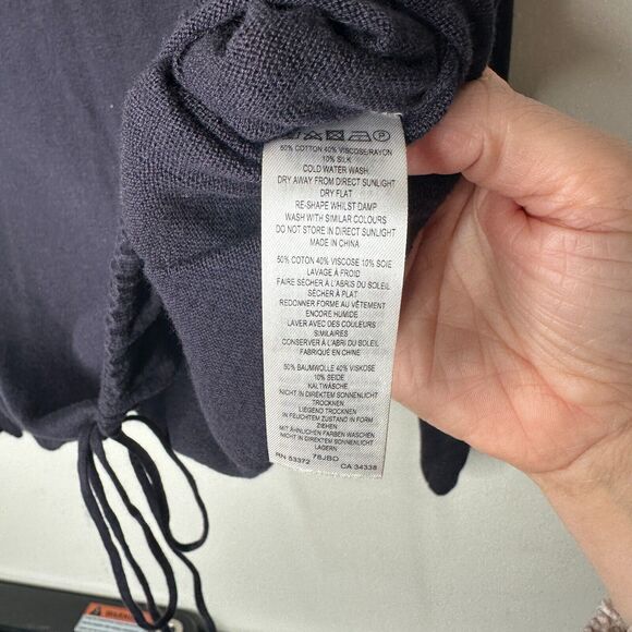 French Connection Drawstring Hem Silk Blend Long Sleeve VNeck Navy Sweater L - Picture 9 of 13